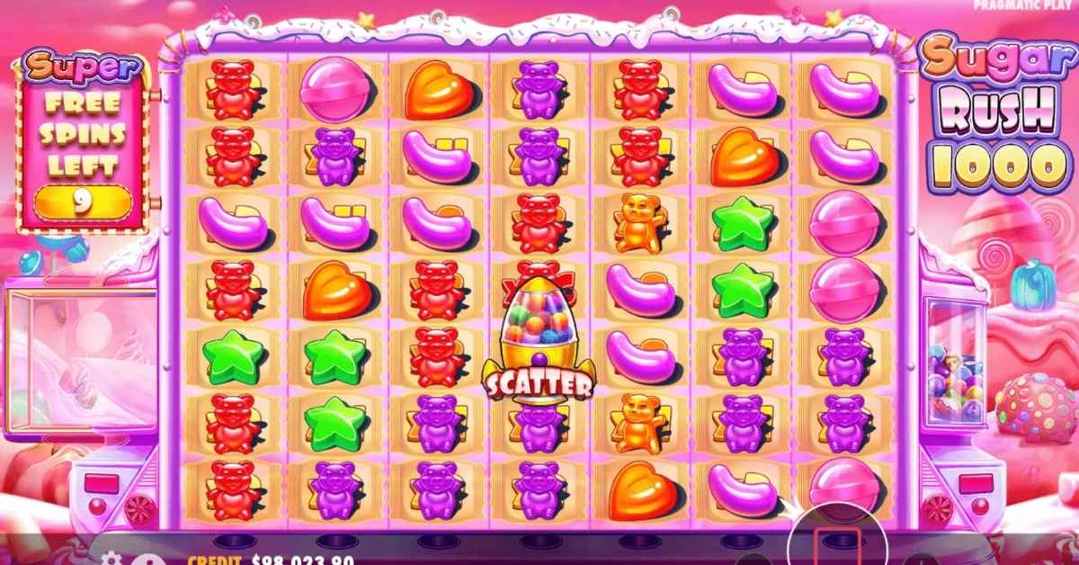 Sugar Rush 1000 Frau spielt an einem beleuchteten Spielautomaten im Casino